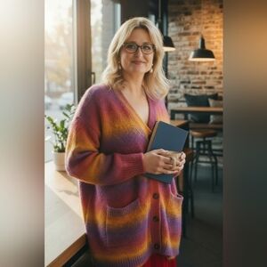 Carbon38 Ombre Sunset Cardigan Oversized Ladies Medium Merino Wool Mohair Rainbo